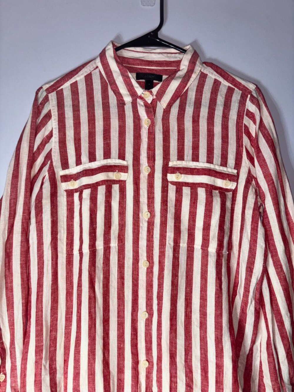 J. Crew Red and White Vertical Striped Band Collar Button Down Linen Shirt
